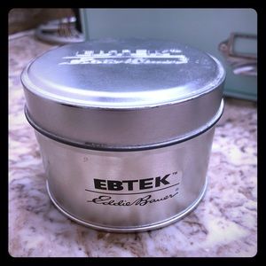 Eddie Bauer Ebtek silver storage tin metal watch box black writing embossed